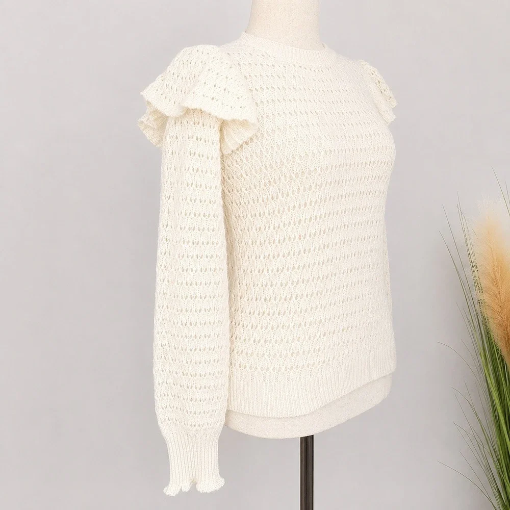 Ann Taylor LOFT Whisper White Shoulder Ruffle Open Knit Sweater SZ Small Preppy